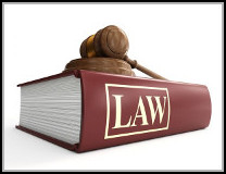 Book titled LAW with a gavel and a gavel rest or a gavel and a sound block on top.